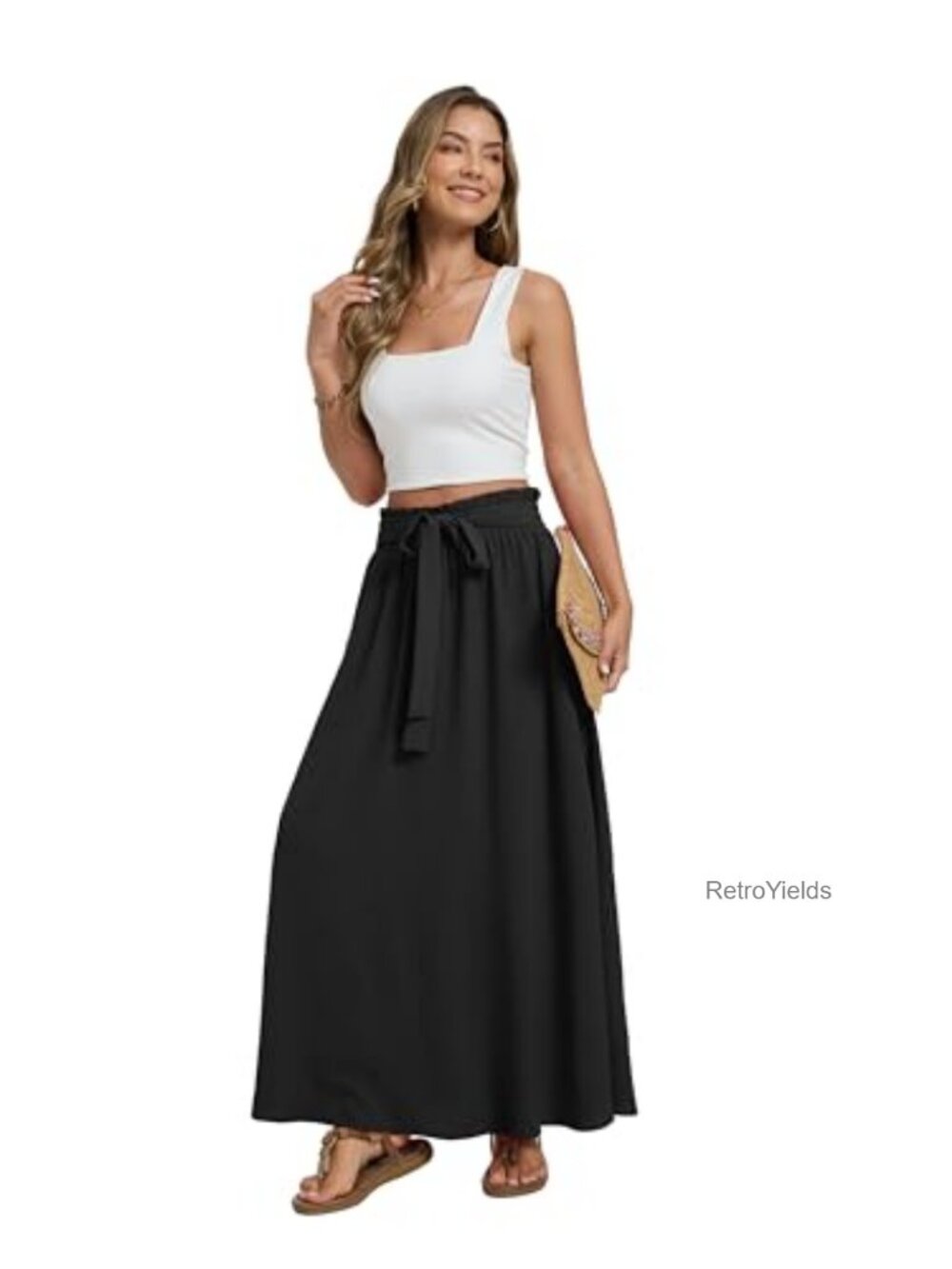 Womens High Waisted Flowy A Line Maxi Skirt with Tie Waist - Picture 4 of 6